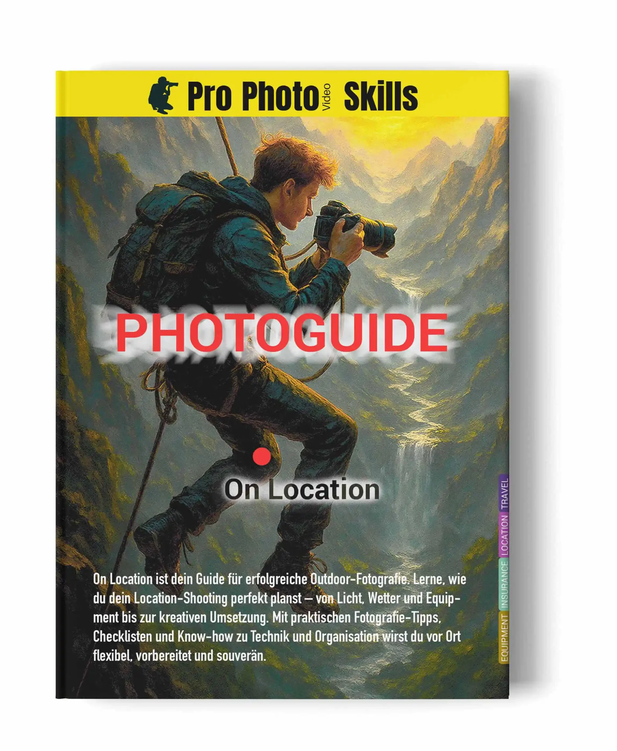 Photoguide On Location von ProPhotoSkills als Buch Mockup – Guide für Outdoor Fotografie, Reisen, Planung und professionelle Shootings vor Ort